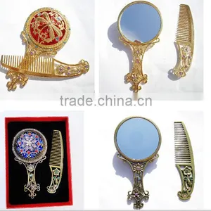Antique Imitation Cosmetic Metal Pocket Mirror With Hair Comb,Handle Mirror/Hand Held Makeup Mirror/Round Fashion Mirror thumbnail-4