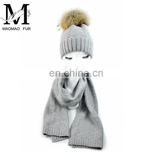 Factory Direct Wool Knitted Scarf Women Fur Pompom Winter Hat And Scarf Set thumbnail-2