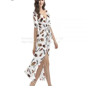 Half Sleeve Leaf Printed Front Open Waist Tied Women Dress thumbnail-1