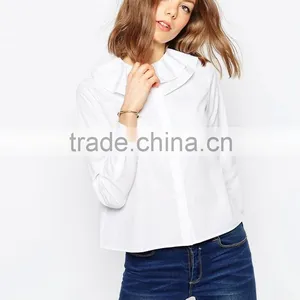 2016 Summer Long Sleeve Ladies Ruffle Neck White Shirt thumbnail-1