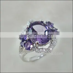 925 Sterling Silver Natural Gemstone Amethyst Rhodium Plated CZ Ring thumbnail-1