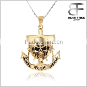 Titanium Stainless Steel Vintage Mens Punk Gold Skull Head Anchor Charm Necklace Pendant thumbnail-1
