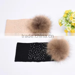 Girls Cotton Knitted Head Band With Beads Raccoon Fur Ball Heaad Band KZ160089 thumbnail-4