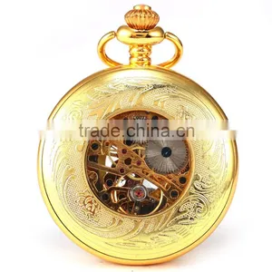 Fashion Skeleton Gold Case Roman Dial Mens Mechanical Pocket Watch thumbnail-3