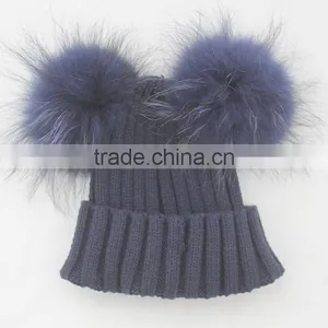 Myfur Navy Color Raccoon Fur Pompoms Top Wool Knitting Beanie Hat for Cute Baby thumbnail-1