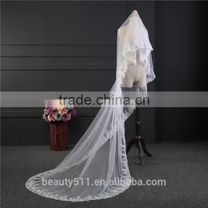 2017 Wholesale New Long Tulle Wedding Bridal Veils TwoTiers Tulle Cathedral Bridal Veils thumbnail-4