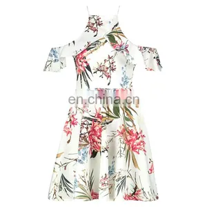Summer Beach Print Floral Cold Shoulder Women Mini Skater Dress thumbnail-3