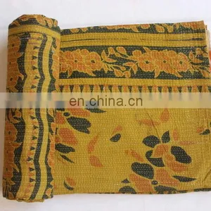 Quilt Handmade Reversible Kantha Vintage Bedspread Gudari Quilt Yellow Free Ship thumbnail-3