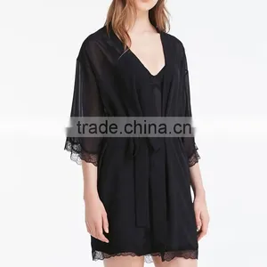 Wholesale Cheap 100% Ployester Long Sleeve Sexy Women Bride Black Sleep Bridal Chiffon Robes thumbnail-1