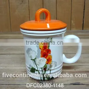 Chinese Ink Decal Ceramic Tea Cup Set With the Tea Strainer and Orange Lid thumbnail-1