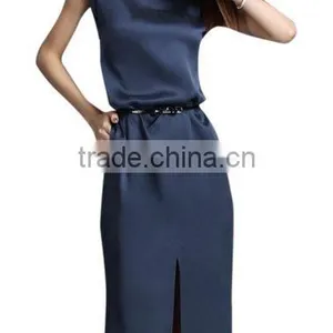 Women's Navy Short Sleeve Shift With Sash Neck Short Sleeve Slim Silk Midi Dress thumbnail-2
