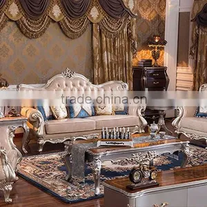 Classic European Style Living Room Solid Wood Magnolia Flower Hand Carving Genuine Leather Sofa Set thumbnail-1