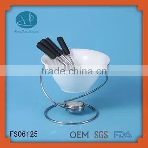 Cheese Tool Ceramic White Porcelain Fondue Pot With Iron/metal Stand thumbnail-1