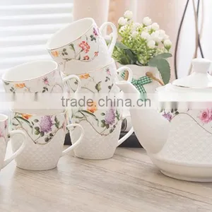 Pure White Embossed Grace Porcelain 15pcs Arabian Tea Set, Vintage Ceramic Arabic Teapot Gift Tea Set thumbnail-1
