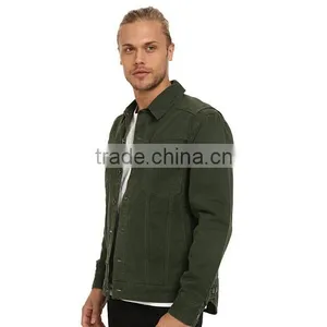 High Quality Green Plain Denim Varsity Jacket Custom Arc-shaped Back Hem thumbnail-3