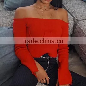 Runwaylover 125 Europe Style 2017 Ladies Sexy Off-Shoulder Knitted Flare Sleeve Blouse thumbnail-6