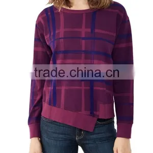 Newly Designed Purple Plead Eco-Micro Fleece Crew Sweatshirt With Irregular Hem for Women thumbnail-2