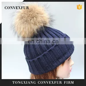 Fluffy Large Fur Pompom Hats Real Raccoon Fur Knitted Hats Wholesale Winter Hats thumbnail-1