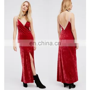Fashion Design V Neck Back Bare Velvet Maxi Dress Woman thumbnail-1