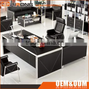 Modern Large Glass Top Black Leather Facing Manager Executive Office Desk thumbnail-1