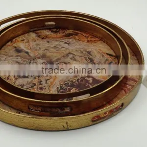 Decorative Golden Painted Round Wooden Mirror Tray With Print Picture thumbnail-1