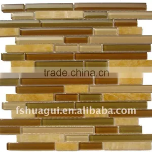HG-CDT002 Brown Strip Crystal Glass Mix Rosin Yellow Marble Mosaic Hotel Loby Backsplash Interior Wall Tiles thumbnail-1