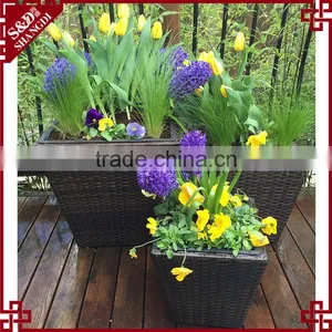 S&D Rattan Plaited Articles Flowerpot , Hand Woven Square Brown Set of 3 Garden Flower Pots , Plastic Outfoor Gardening Pots thumbnail-1