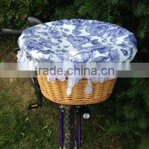 Natural Colored Round Wicker Bicycle Bike Basket With Floral Cotton Print Lid & Cover thumbnail-1