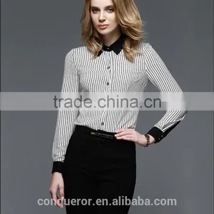 Office Lady Fashion Design Contrast Collar Cuff Striped Shirt thumbnail-1