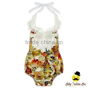 0-2 Years Summer Cotton Flower Printed Halter Lace Froal Infant Newborn Baby Girl Vintage Romper Clothes thumbnail-4