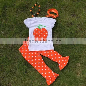 Short Sleeves Halloween Girls Pumpkin Print Pant Ruffle Kids Boutique Outfits Girls Suit With Matching Necklace and Headband thumbnail-1