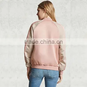 2017 Womens Windproof Satin Contrast Ribbed Knit Trim Bomber Jackets thumbnail-3