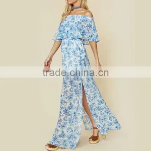 Peony Blue Floral Mumu Dresses 2018 Womans off Shoulder Maxi Dress thumbnail-6