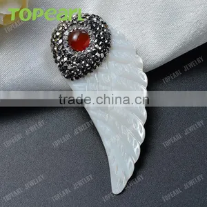 Topearl Jewelry Angel Wing White Shell Pendant Rhinestones Clay Pave Red Agate Stone Pendant for Women SPD04 thumbnail-2
