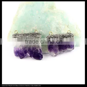 LFD-0086P ~ Wholesale Natural Amethyst Druzy Slice Double Bail Pendant Crystal Rhinestone Paved Cap Pendants thumbnail-1