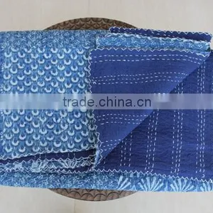 Indigo Blue PATCHWORK KANTHA Quilt Blanket Bedspread Throw Gudari Ralli India Bedding Patchwork Quilt Queen Bohemian Quilt Blue thumbnail-1