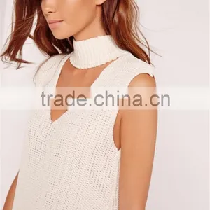 Plain White Women Knitwear With Split Hem Cut Out Front Ladies Sweater Choker Neck Chunky Tunic Cream thumbnail-5