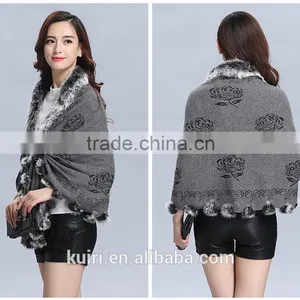2016 New Design Woman Knitted Shawls With Rex Rabbit Fur Poms Figure Lady Cappa thumbnail-3