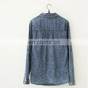 Ladies Simple Design Loose Retro Long Sleeve Denim Shirt thumbnail-2