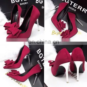 2015 New Office Ladies Red/Green/Black Color Shallow Mouth Bow Pointed Plus Size High Heel Shoes Fashion Suede Heels thumbnail-1