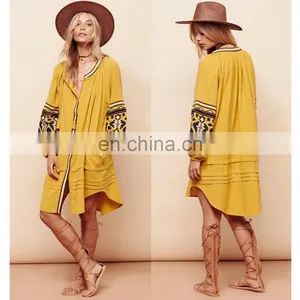 Balloon Sleeve Dress for Ladies Embroidered Button Down Shirt Dress for Casual thumbnail-1