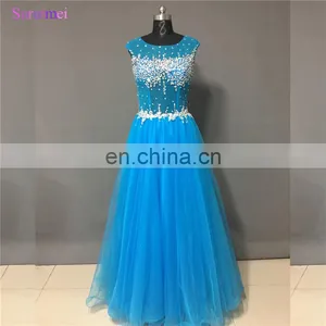 Brilliant Blue Gown High Illusion Neckline Keyhole Open Back Formal Long Prom Dresses Party Evening Dresses 2017 WH579 thumbnail-1