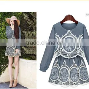 2015 Fashion High Quality New Arrival Hot Sale New Ladies Denim Hollow Out Dress Crochet Lace Pattern Denim Dress thumbnail-2