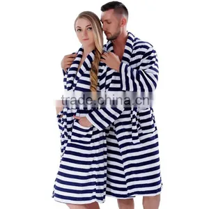Men Women Plus Size Coral Fleece Navy Stripe Warm Bath Robe Pyjama Dressing Gown Sleepwear Bathrobe For Couples thumbnail-1