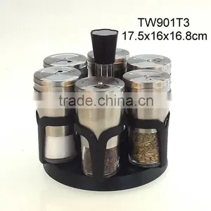 TW901T3 6pcs Glass Spice Jar Set With Stainless Steel Casing and Plastic Stand thumbnail-1