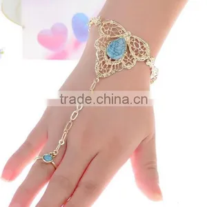 Womens Gold Slave Chain Finger Ring Bangle Hand Harness Bracelet Turquoise Beads thumbnail-1