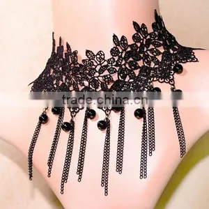 Black Lace Handmade Chain Tassel Choker Goth Victorian Vampire Necklace Pendant thumbnail-1