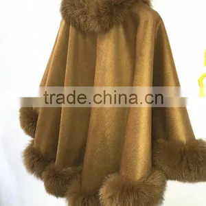 OEM Women Wholesale Hebei Camel Cashmere and Fox Fur Trim Cape thumbnail-4