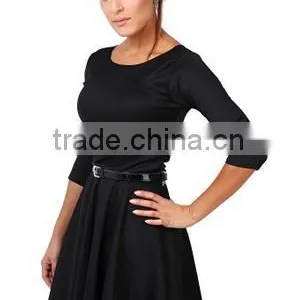 Womens 3/4 Sleeve Belted Flare Skater Dress Pleated Slimming Mini Tunic thumbnail-5