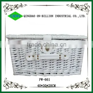 Mini White Wicker 100% Hand Woven Willow Picnic Basket for 2 Person thumbnail-2
